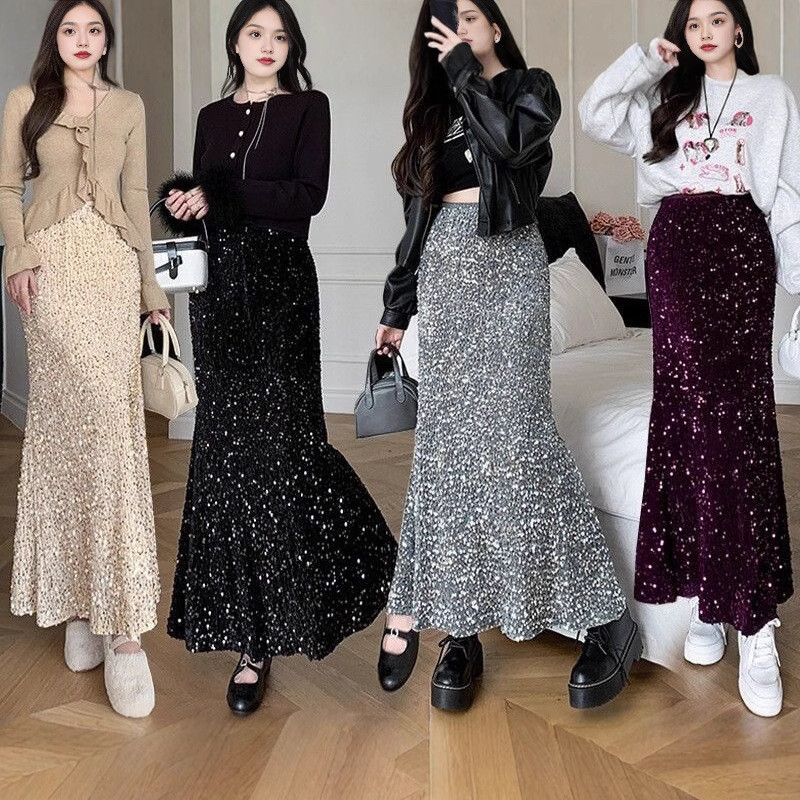 Gaun panjang sequin, gaun ekor ikan, gaun ekor ikan, gaun ekor ikan