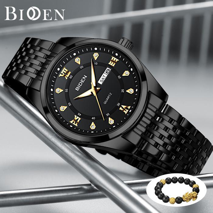 BIDEN Jam Tangan Pria Original Kalender Luminous Tali Stainless Steel - allblack