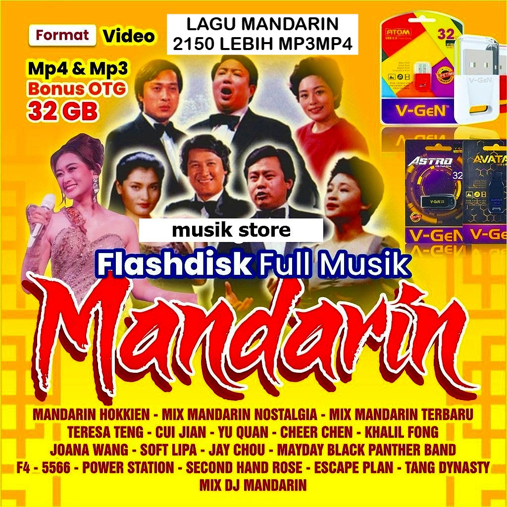 Flashdisk USB 32GB Lagu Mandarin Terlaris: 2150 Lagu Kenangan & Hits Terbaru (MP3/MP4)