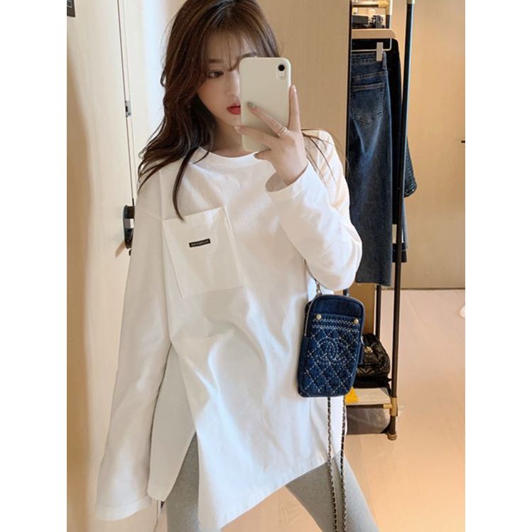 Lapisan Dasar Tipis Saku Lengan Panjang T Baju Kaos