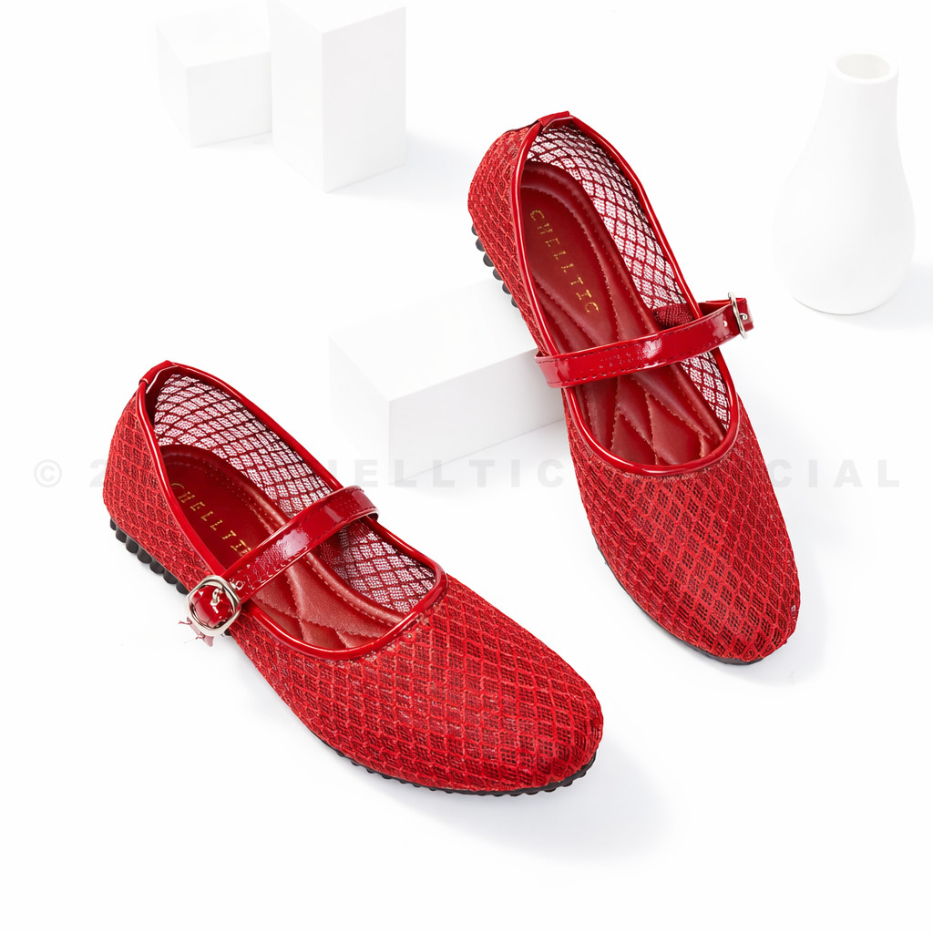 Sepatu Flatshoes Wanita Tali Gesper Balet Ballerina Slip On Marry Jane Bahan Brukat Rajut
