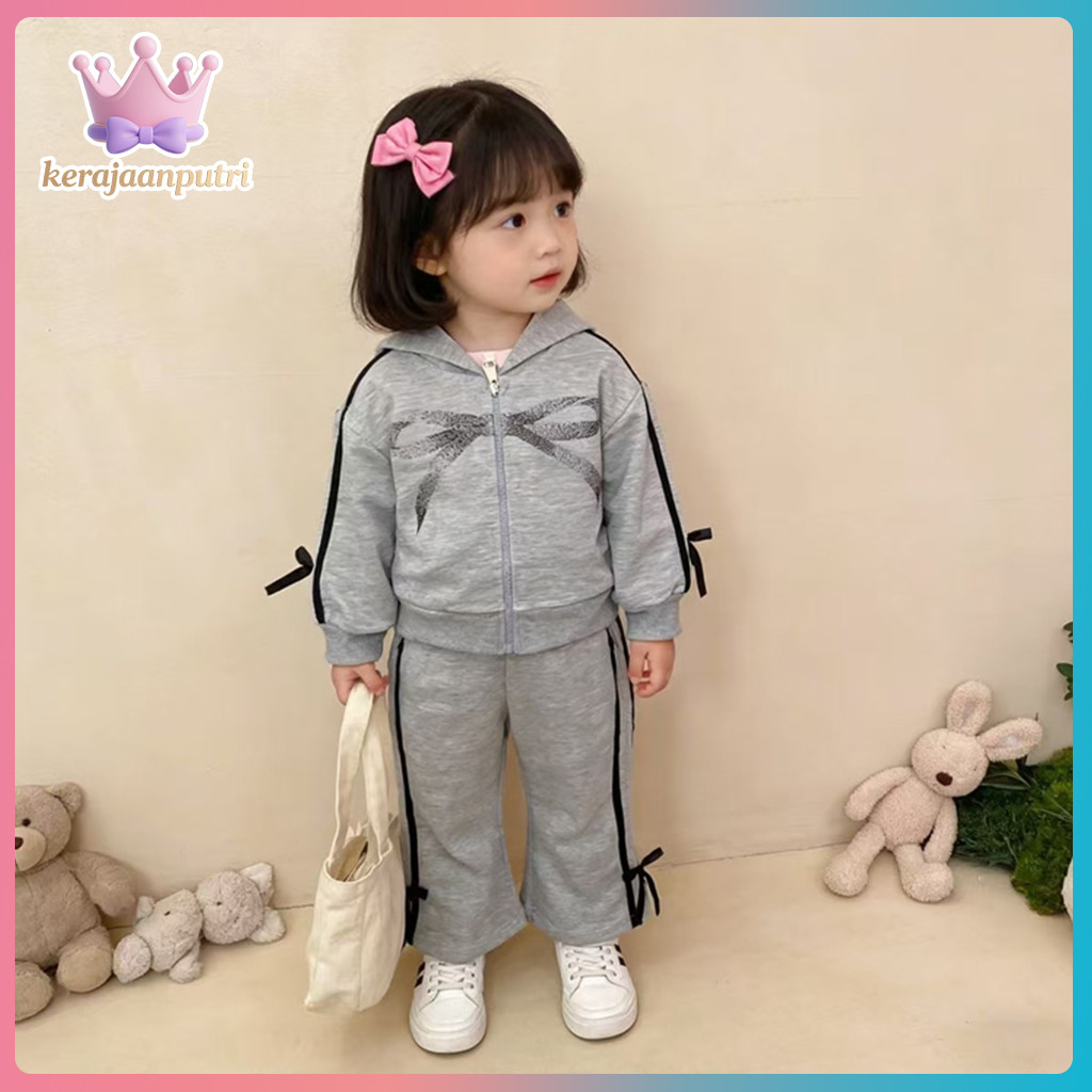 Setelan Anak Perempuan Gaya Korea Usia 2-7 Tahun, Jaket Anak Perempuan dengan Ritsleting, Celana Pan