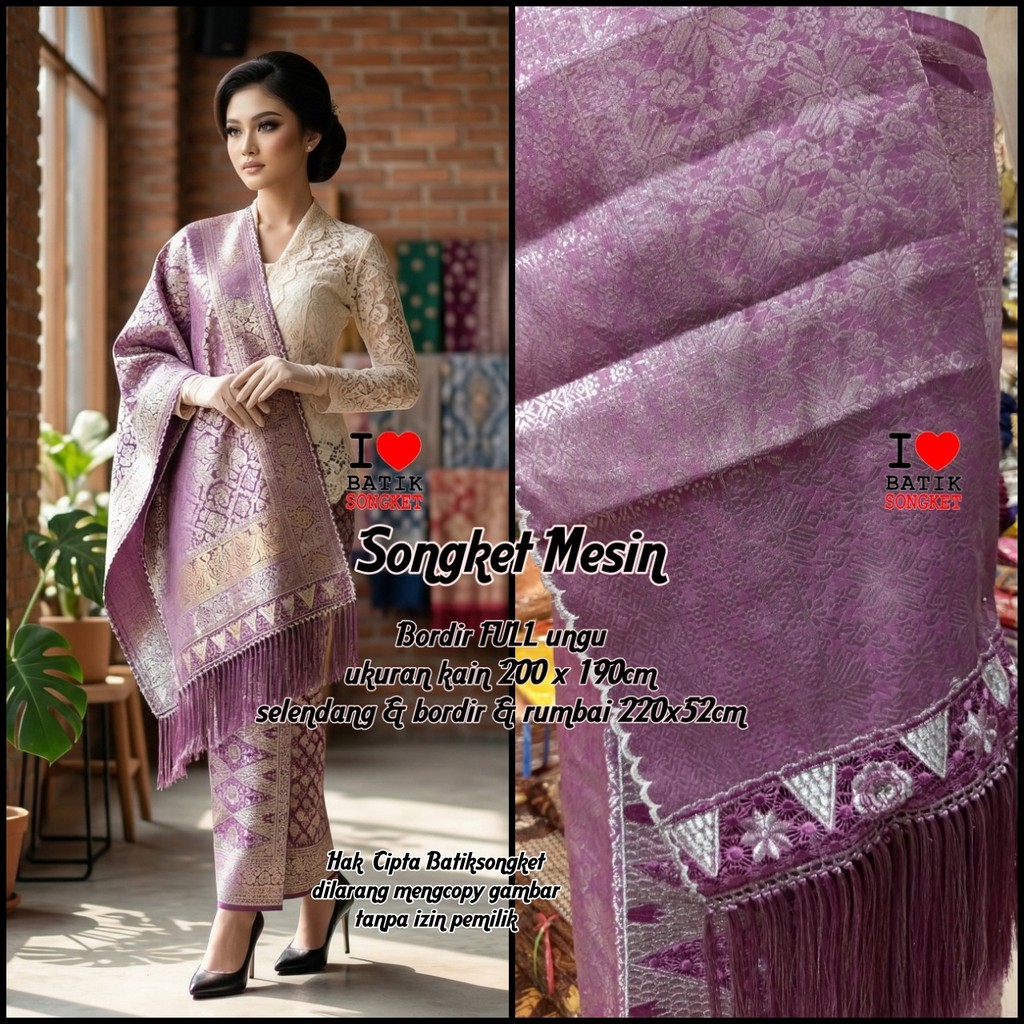 SONGKET MESIN MOTIF 9 BORDIR UNGU PENGANTIN HALUS LEPUS PALEMBANG MURAH SETELAN KAIN SELENDANG KERAN