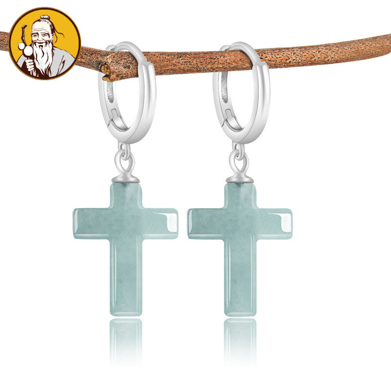 Dengan Sertifikat：Natural A jadeite, anting-anting salib air biru S925 anting-anting bertatahkan per