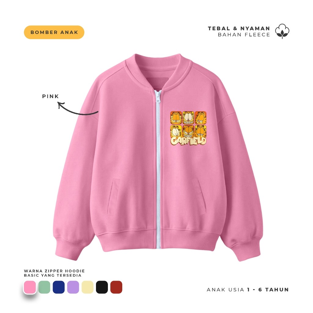 Ulakids Bomber Zipper Jacket / Jaket Bomber Garfield Karakter Frame Anak1-6thn Hoodie Josss Hoodie J
