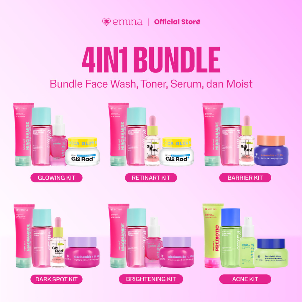 Emina 4pcs Bundle 4in1 Paket skincare Moisturizer Serum Face Wash - GLOWING KIT ACNE KIT Dark Spot B