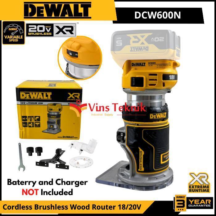 DEWALT DCW600 Mesin Profil Kayu 6.35 - 8mm Cordless Brushless Trimmer Router 20V DCW600N
