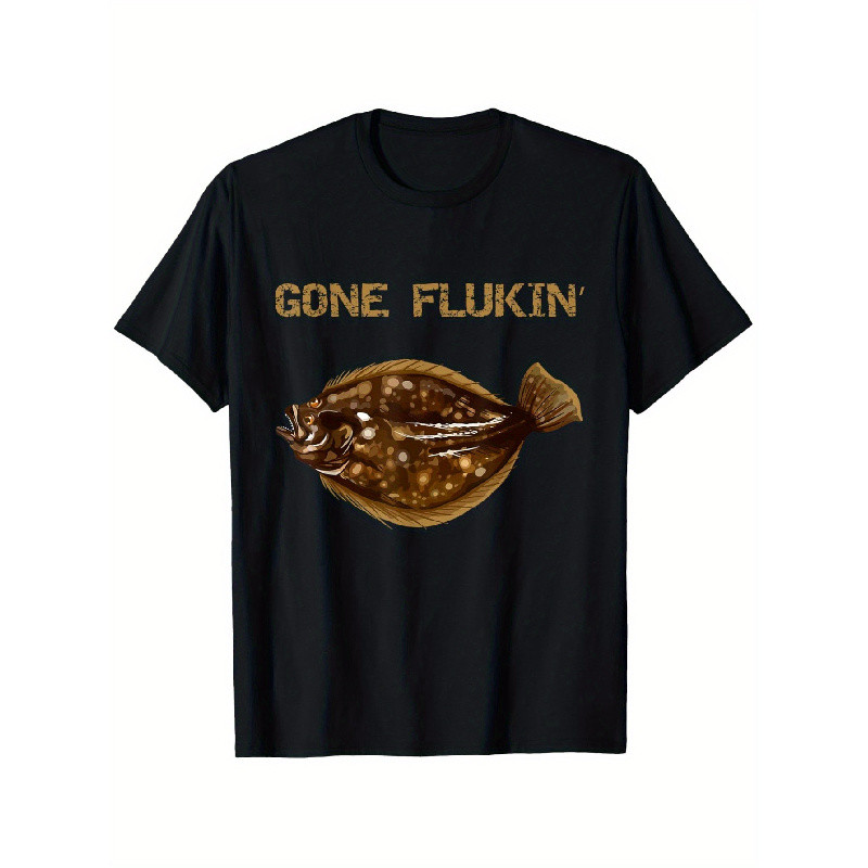 Kaos 'Gone Flukin' Ikan Kerapu Musim Panas - 100% Katun, Desain Ikan Emas, Lengan Pendek Hitam