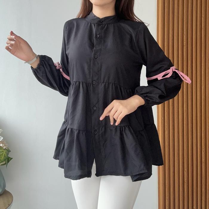 VAV FASHION - MAUDY BLOUSE ATASAN KEMEJA WANITA -PN - NAVY LIST HITAM