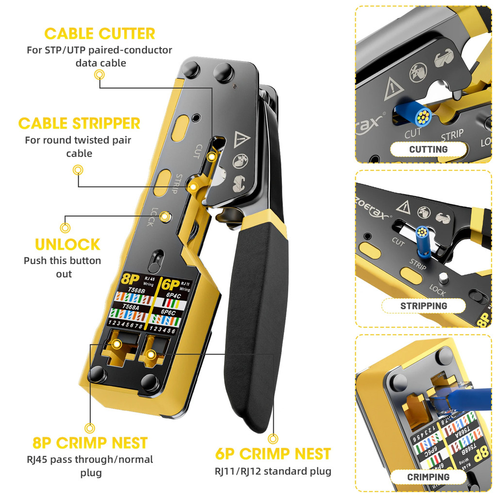 RJ45 Crimp Tool Pass Through Ethernet Crimping Tool for Cat6 Cat5 Cat5e RJ45 Connectors with Replace