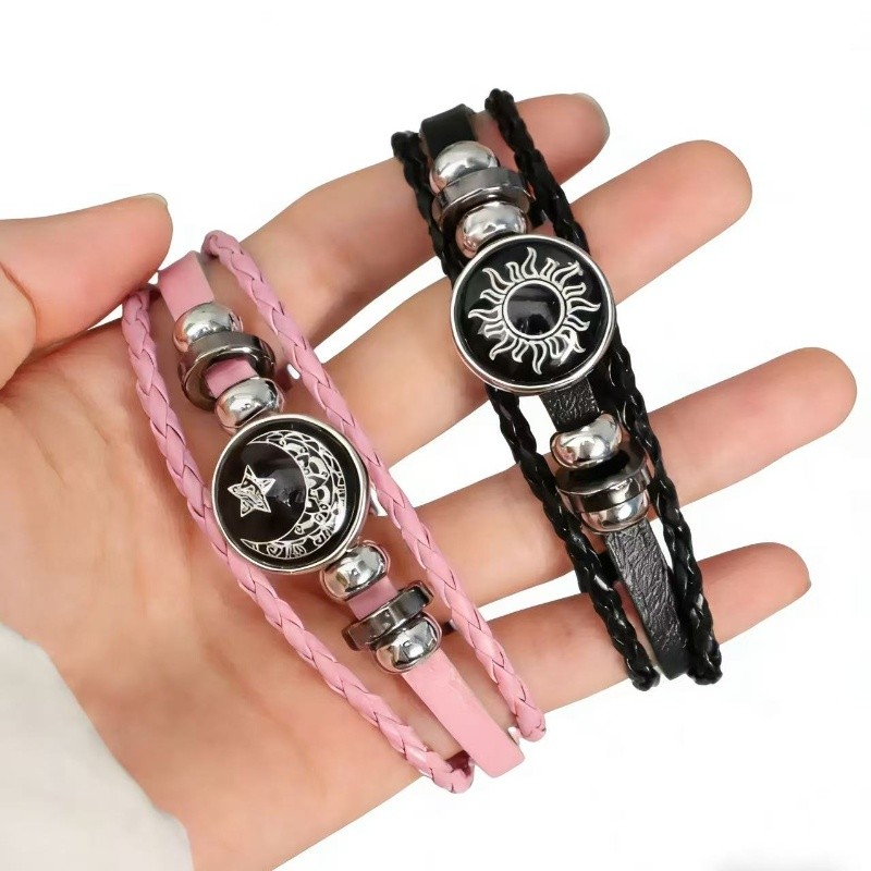 Gelang Couple Pasangan Bestie 2 Kulit Bulan Bintang Glow In The Dark Tali Pria Hitam Titanium Gelang