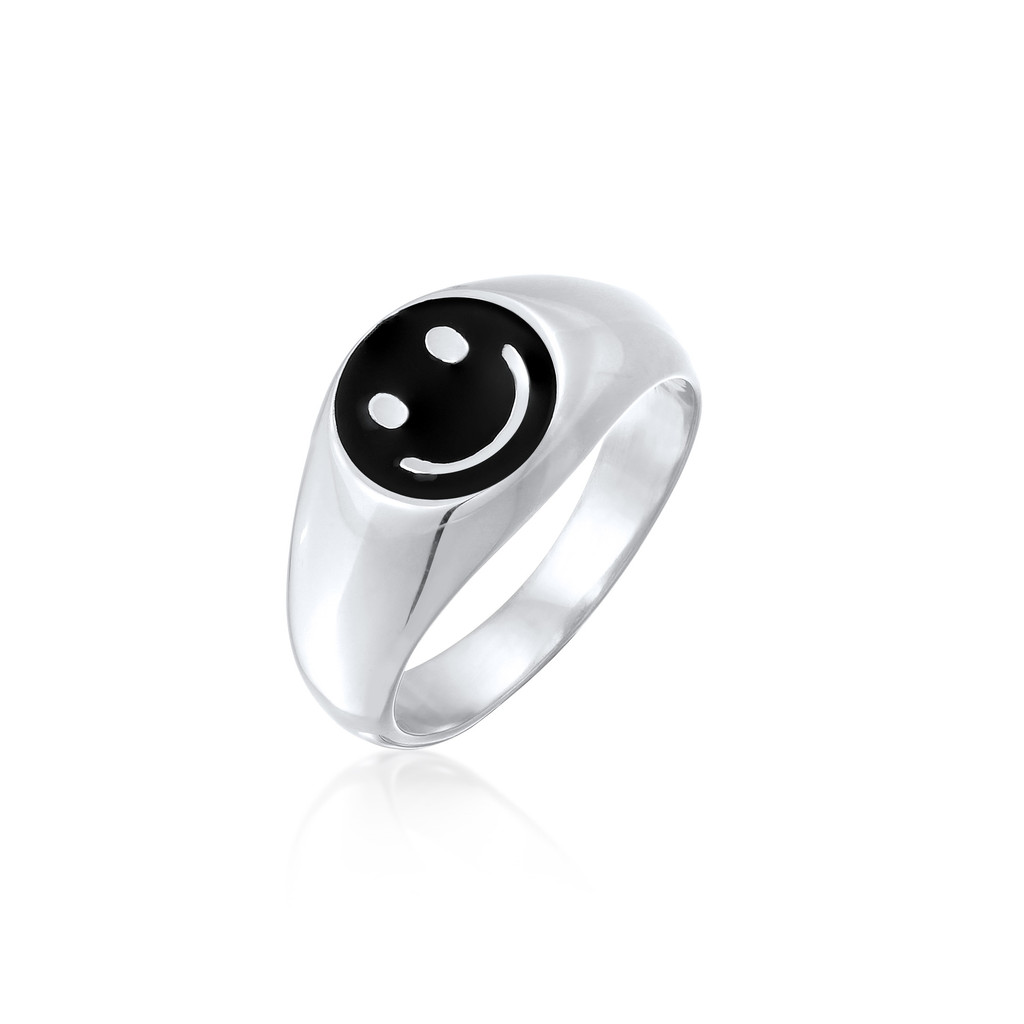 Kuzzoi Cincin Signet Pria Perak 925 Smile Enamel Hitam Original Timeless