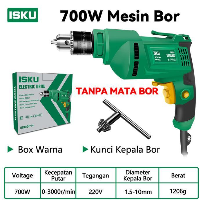 ISKU Mesin Bor Listrik Tangan 10mm 700W Bor Kayu Besi Baja Ringan Plafon PVC Tembok Bata Electric Ha