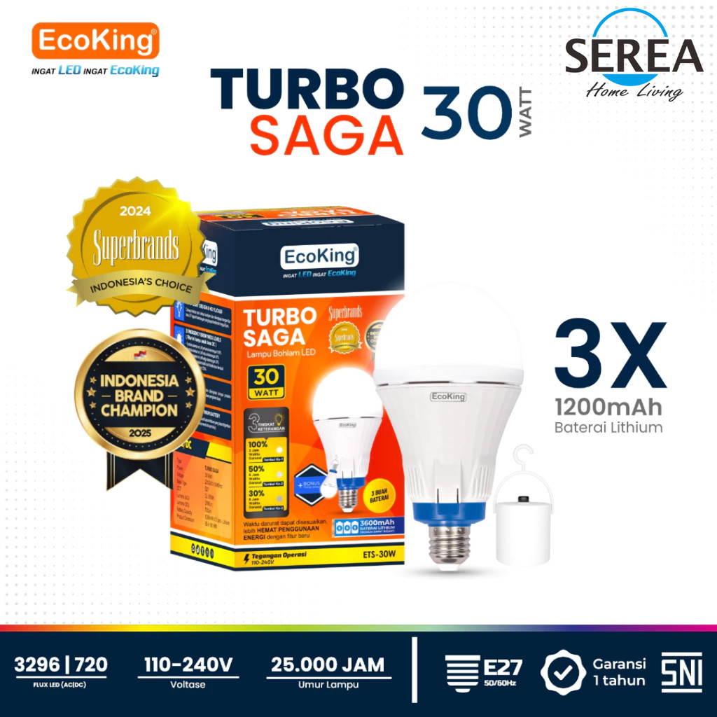 EcoKing Lampu Emergency LED Turbo Saga 30W Putih EST-30W - Bohlam Darurat Cas Isi Ulang 3 Level DC