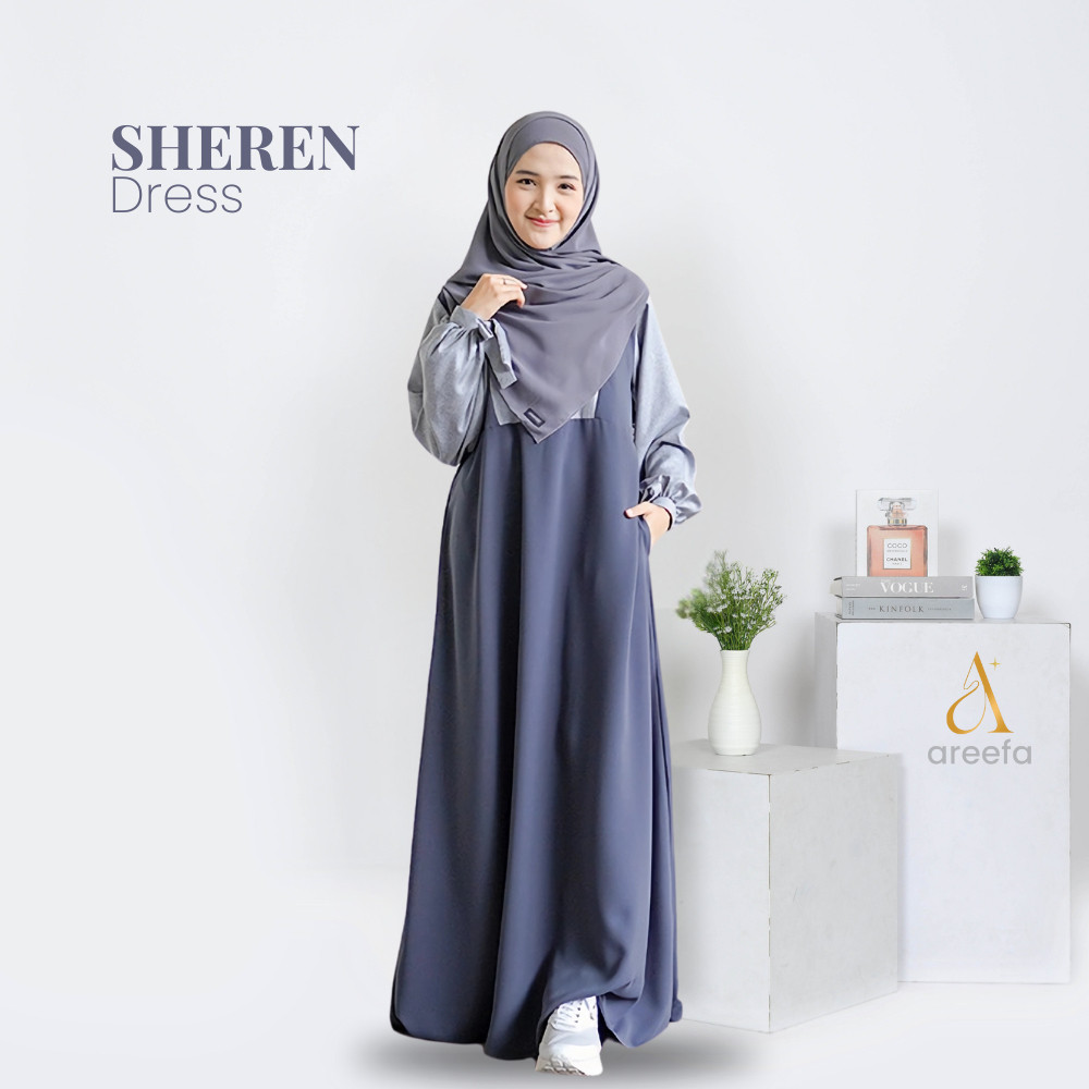 Areefa - Gamis Syari Wanita Remaja Kekinian Terbaru Dress Gamis Muslim Polos Kombinasi 2 Warna