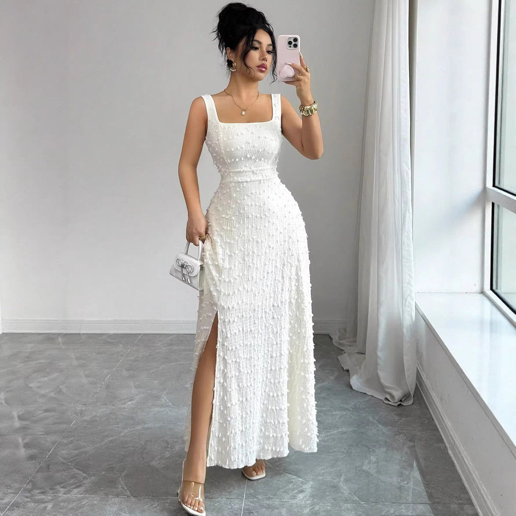 Elegant jacquard slit-back tank top style open-back long dress