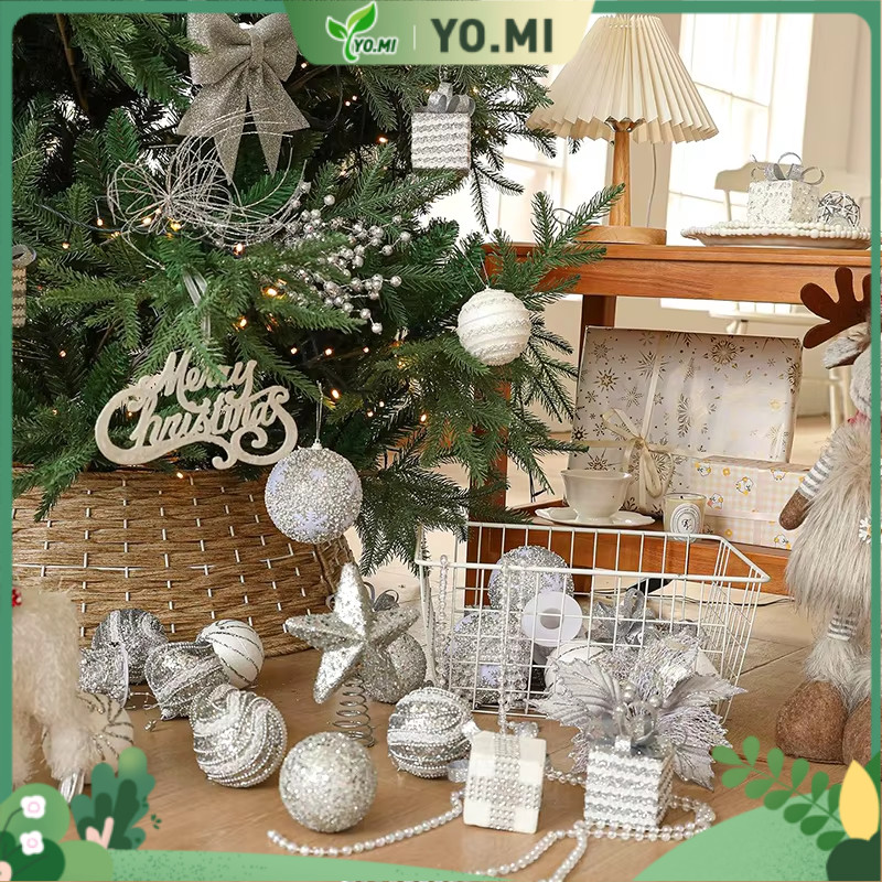 Yo.mi Hiasan Pohon Natal Berkilau Bentuk Bola dengan Bintang Berkilau Berwarna-warni, Dekorasi Natal