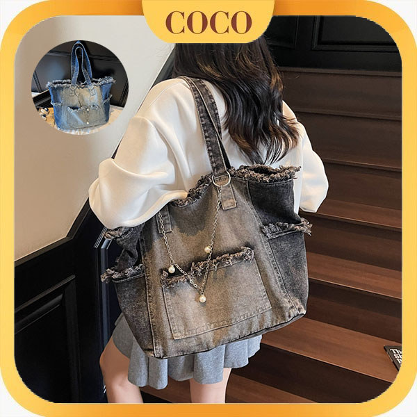 Tas Bahu Wanita Gaya Korea / Tas Tangan Denim Ukuran Besar / Tas Kerja Kapasitas Besar / Tas Wanita 