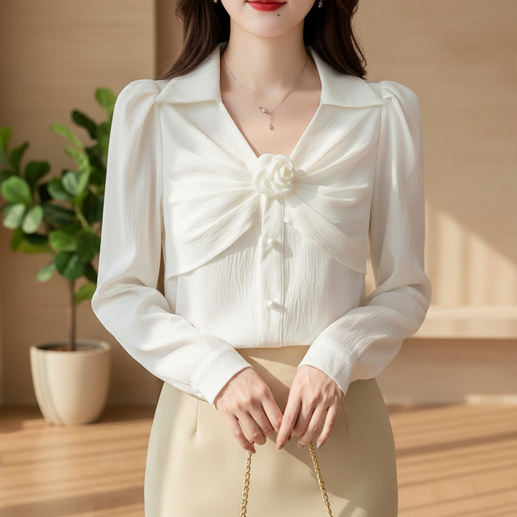 Blouse Wanita Kombinasi Bros Bunga Super Cantik IMPORT China bahan Katun Premium 1233 - 99