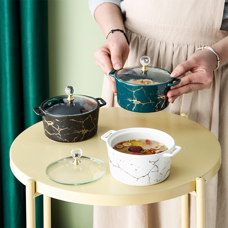 RoyalHuis Mangkuk Soup Keramik dengan Tutup Japenese Series Corak Marble Gold Elegant/ Mangkuk Saji 