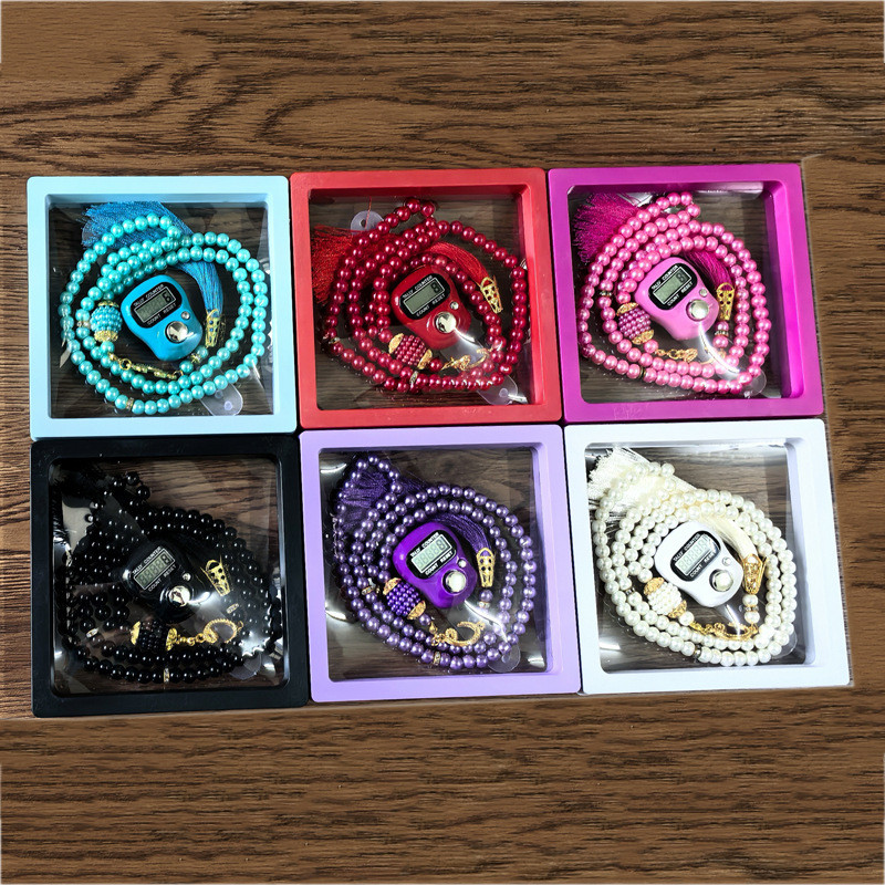 Tasbih Digital Manik-Manik Batu Permata Set dan Tasbih Mutiara Warna Pastel dengan kemasan Box