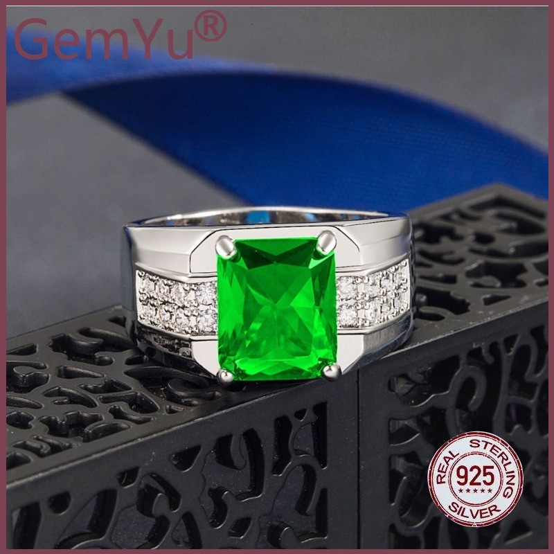 GemYu Cincin Moissanite Biru Safir Hijau Baru Fashion Bisnis Dominan Cincin Pria Berlian Baguette Ci