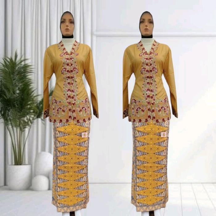 Setelan Kebaya Encim Bordir Sulaman Padang Krah Lipat Bawahan Full Datar Dress Atasan Wanita - Maron