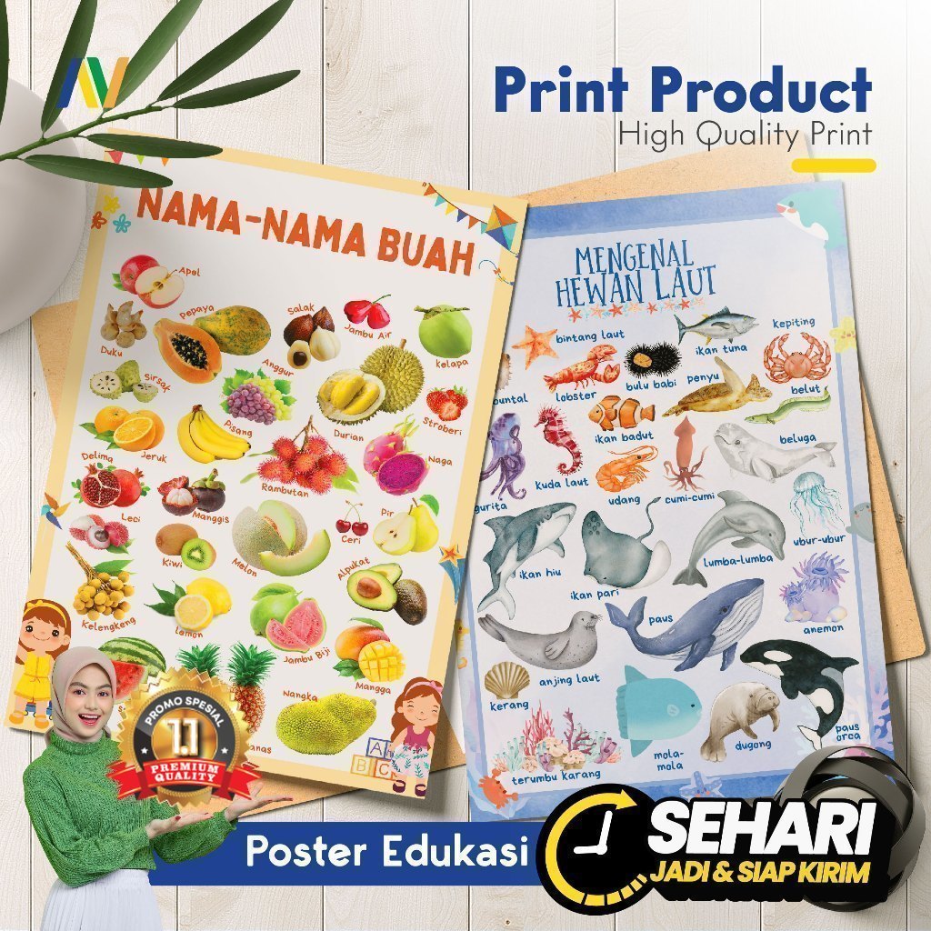 Poster Edukasi Hewan dan Buah | Poster Anak Belajar | Poster Dinding Anak Lucu | Poster Edukatif Ana