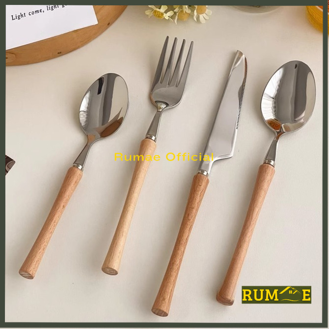 Sendok Garpu Makan Stainless Gagang Kayu Isi 6 Peralatan Makan Dengan Pegangan Kayu Serbaguna/ Sendo