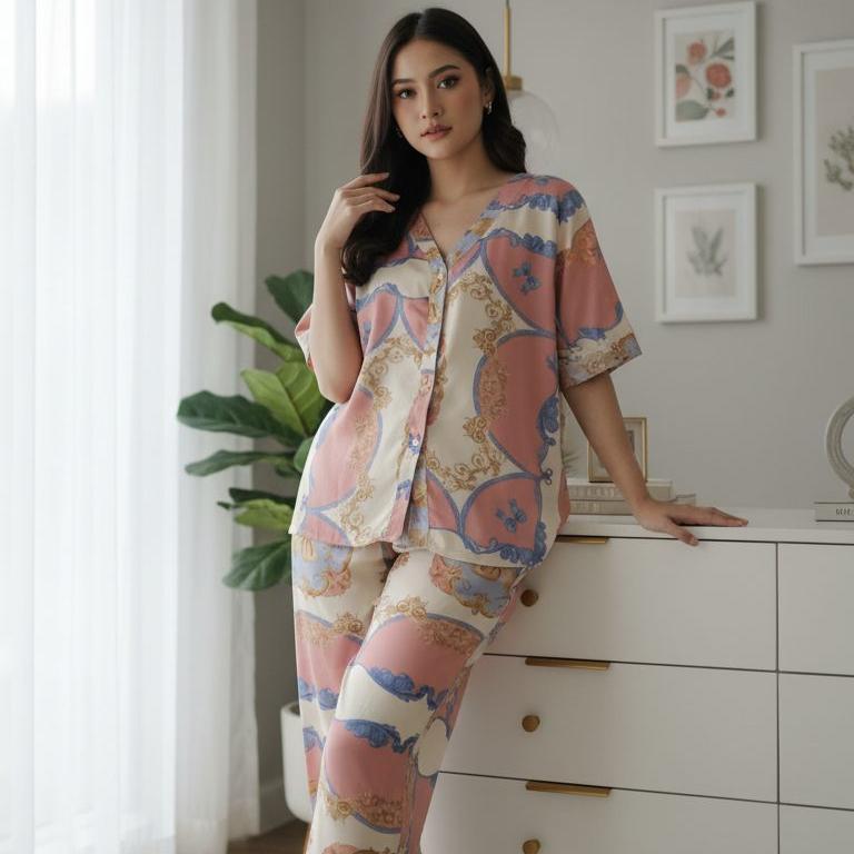 Grosir Piyama V Neck Kancing Celana Panjang | Piyama Kekinian | Piyama Wanita Harga Grosir Piyama SM