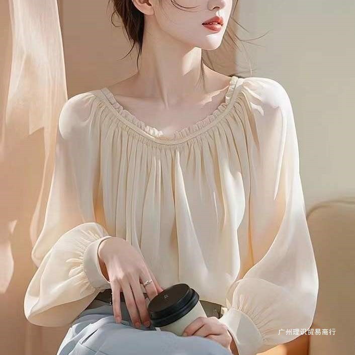Blus sifon serbaguna baru dengan lengan model lentera, desain memukau, atasan lengan panjang sifon