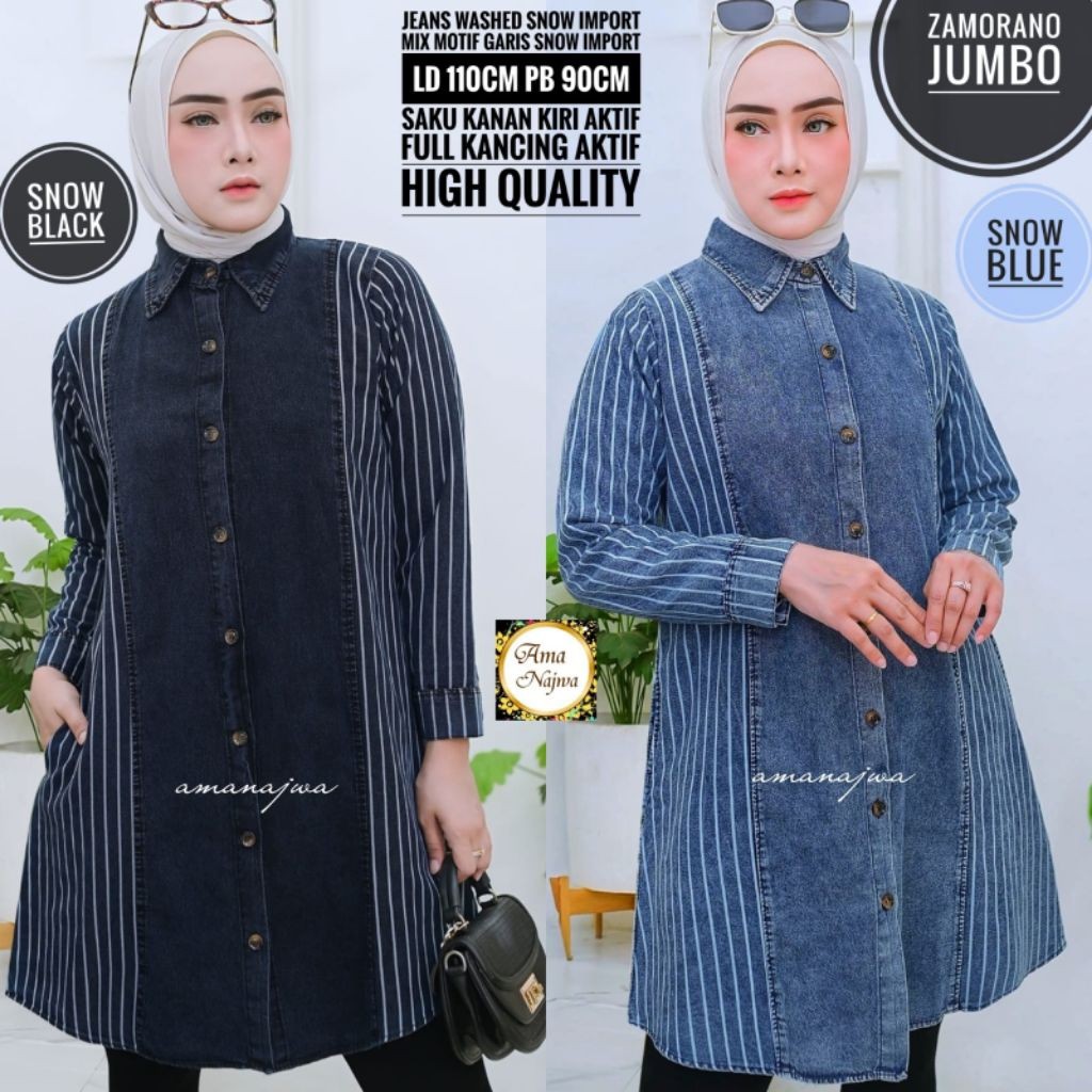 Zamorano Tunik Jeans Wanita Super Jumbo LD 110 Bahan Jeans Washed Snow