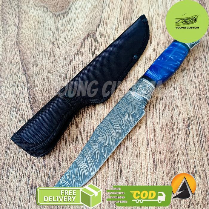 Pisau Camping Survival Outdoor Motif Damascus Handle Biru P1517 - Biru -young