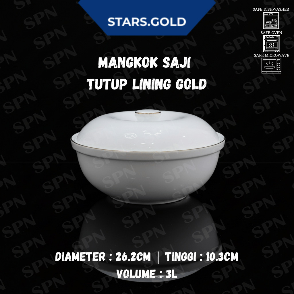 Mangkuk Sayur+Tutup Keramik Porselen Lining Gold By Indo Keramik Vol 3000ML | Best Seller