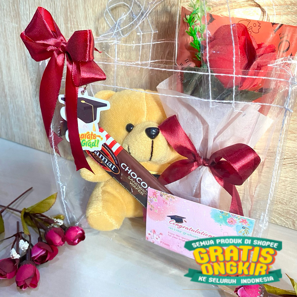 Hampers Boneka Single Buket Tas Mika Transparan ukuran sedang | Hampers Wisuda | Graduation | Hadiah