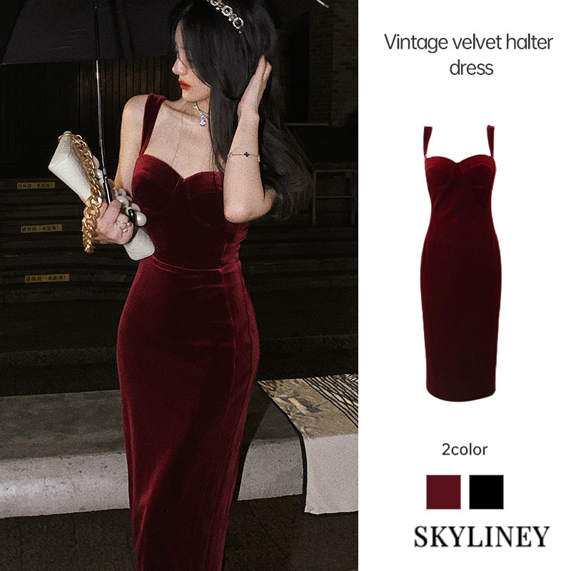 Gaun Terusan Beludru Merah Anggur Wanita Musim Gugur Musim Dingin Gaun Seksi Panjang Retro Gaun Ping