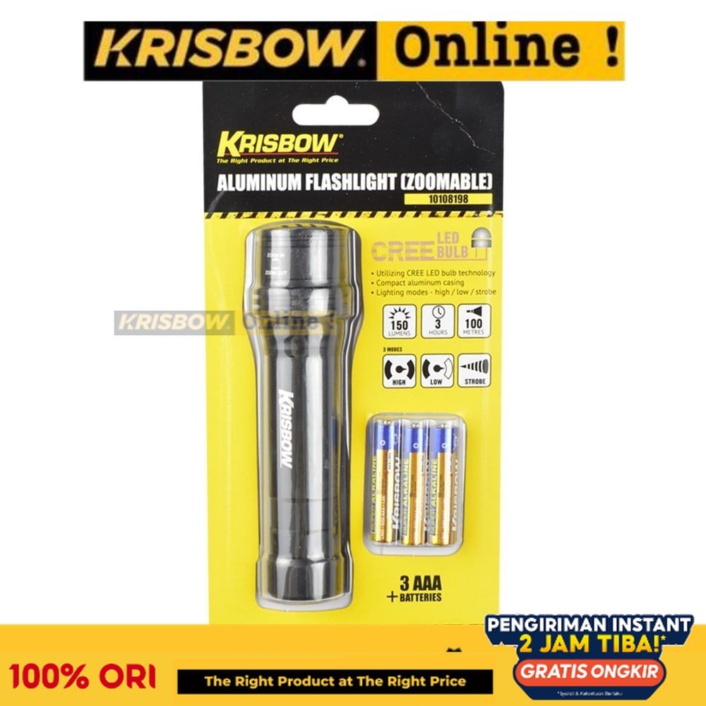 Krisbow Alat Penerangan Emergency Light Lampu Sorot Senter Aluminium Cree Led Flashlight Zoomable 15
