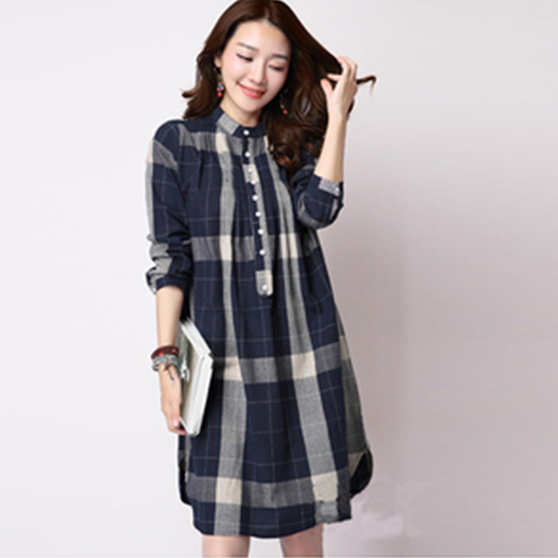 2025 Spring and Autumn New Korean Style Plus Size Women's Loose Mid-Length Plaid Cotton Linen Shirt 