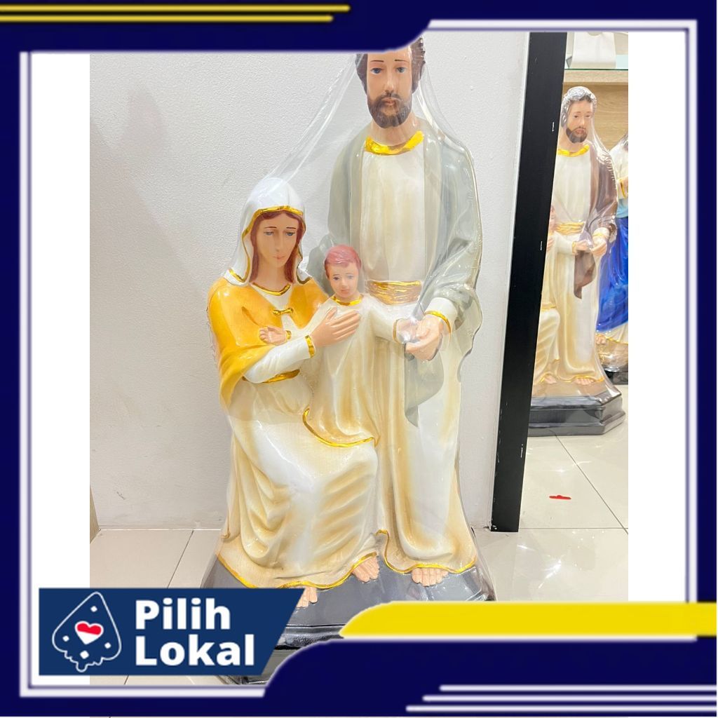 Patung Rohani Katolik Keluarga Kudus Duduk Yesus Yosef Bunda Maria Grey Yellow Coklat Biru 60cm