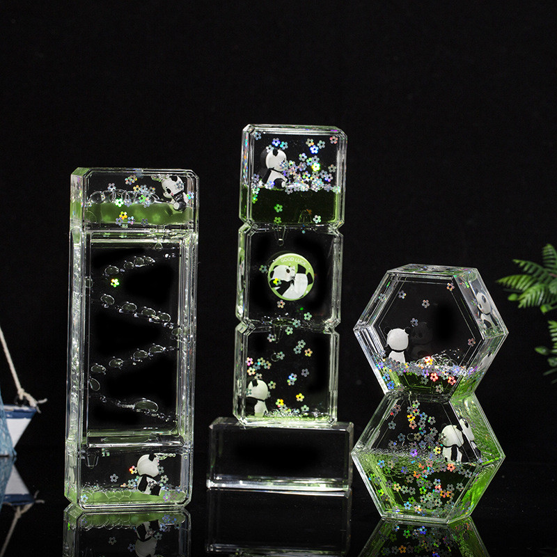 Botol Pasir Hisap Cair/Akrilik Transparan Tetesan Minyak Panda Jam Pasir/Hadiah Ulang Tahun Anak-ana