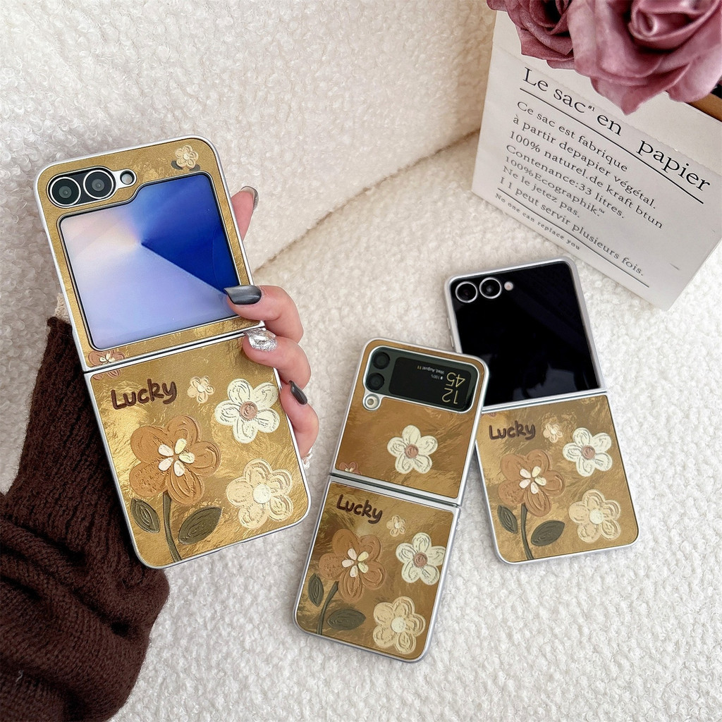 Kasus Ponsel Pola Bunga Glacier Kuning Korea Mewah Klasik untuk Samsung Galaxy Z Flip 7 Z Flip 6 Z F