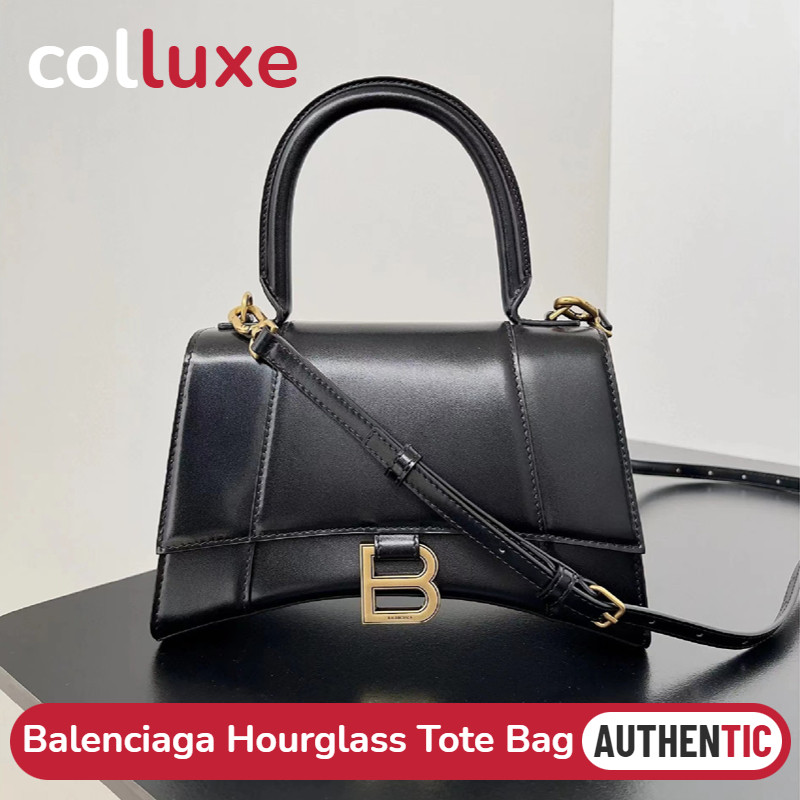 Balenciaga Hourglass Tote Bag Tas genggam wanita hitam kulit sapi hitam
