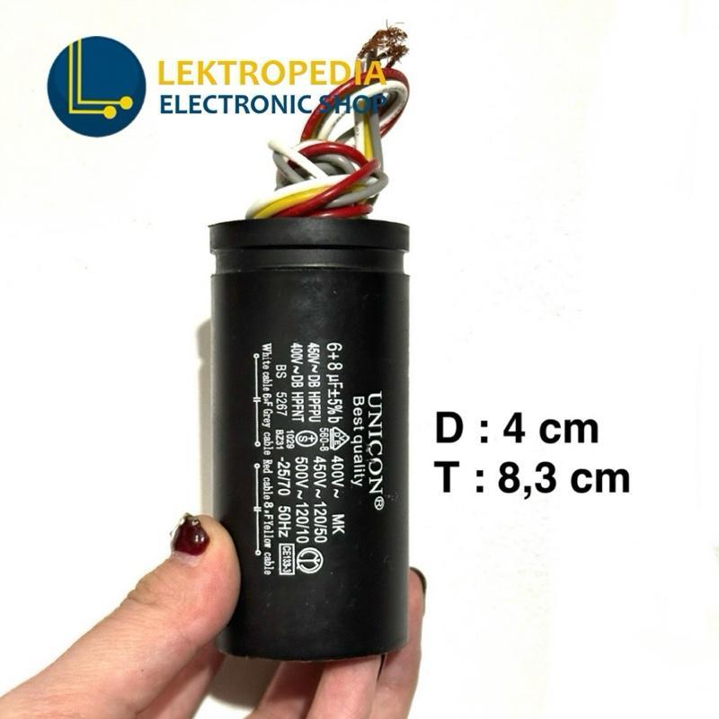 Kapasitor AC 6+8uf UNICON 400v Bulat Soket uf mikro 6 + / 8 uf 3 kaki mikro Capacitor aluminium 6+8 
