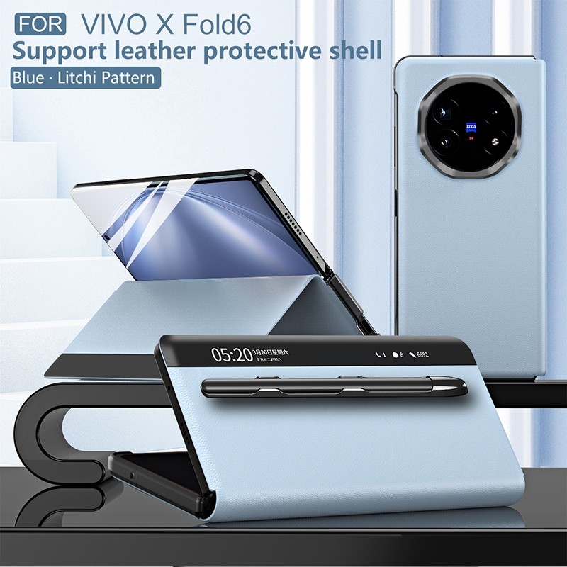 Casing Flip Kulit Litchi Mewah untuk Vivo X Fold 6 X Fold 5 X Fold 3 Pro dengan Kickstand Magnetik, 