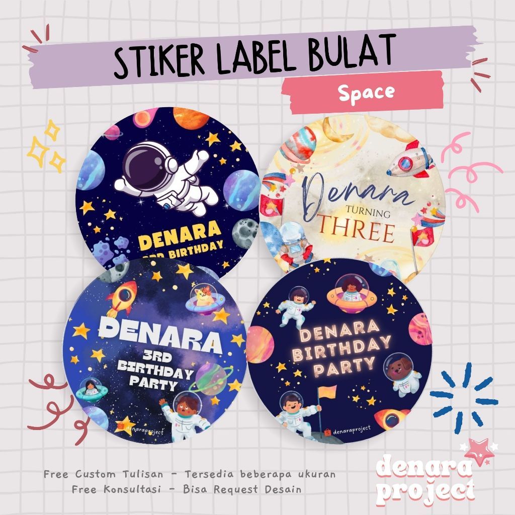 Stiker Bulat Custom Bento Hampers Ulang tahun Space Astronaut