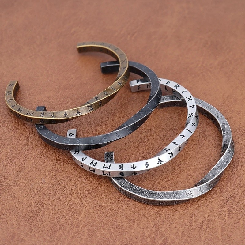 Trendy Charm Viking Nordic Runes Gelang Bentuk C untuk Pria Wanita Stainless Steel Klasik Mobius Pem