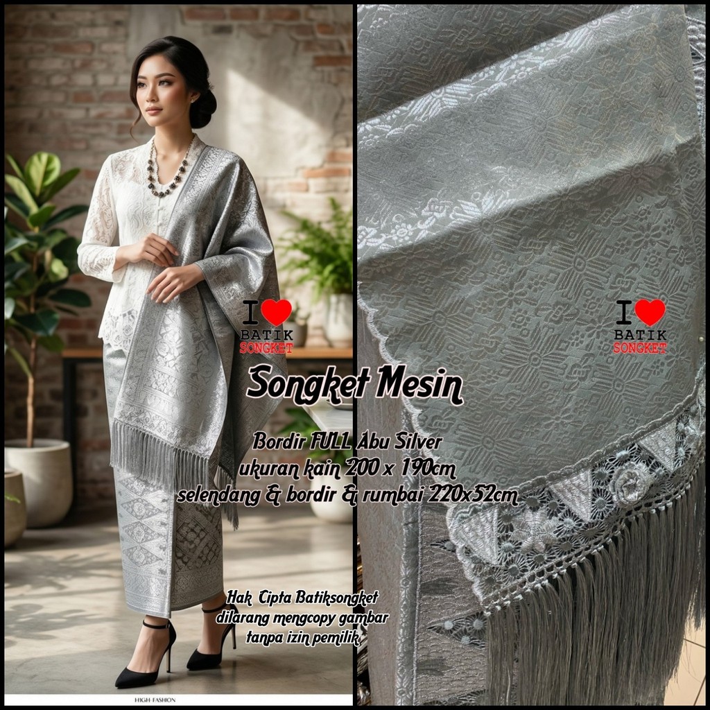 SONGKET MESIN MOTIF 14 BORDIR ABU SILVER PENGANTIN HALUS LEPUS PALEMBANG MURAH SETELAN KAIN SELENDAN