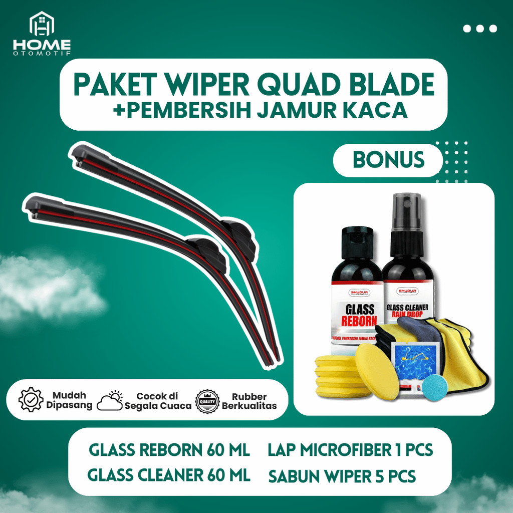 Wiper Mobil Quad Blade 1Set Kiri Kanan Universal Bonus Paket Semi Coating Anti Jamur Kaca Mobil U601
