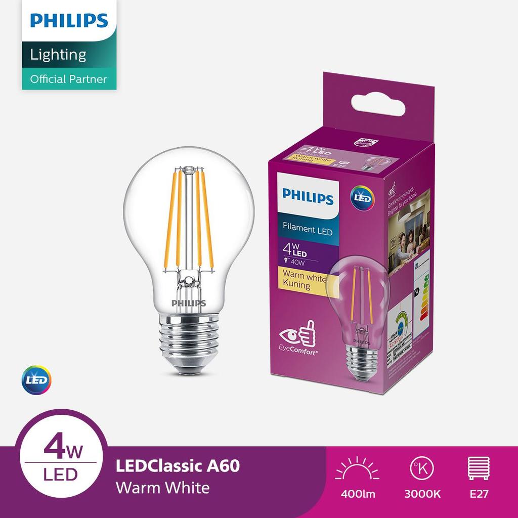 Lampu Philips Filament Bohlam LED Classic 4W A60 E27 Kuning