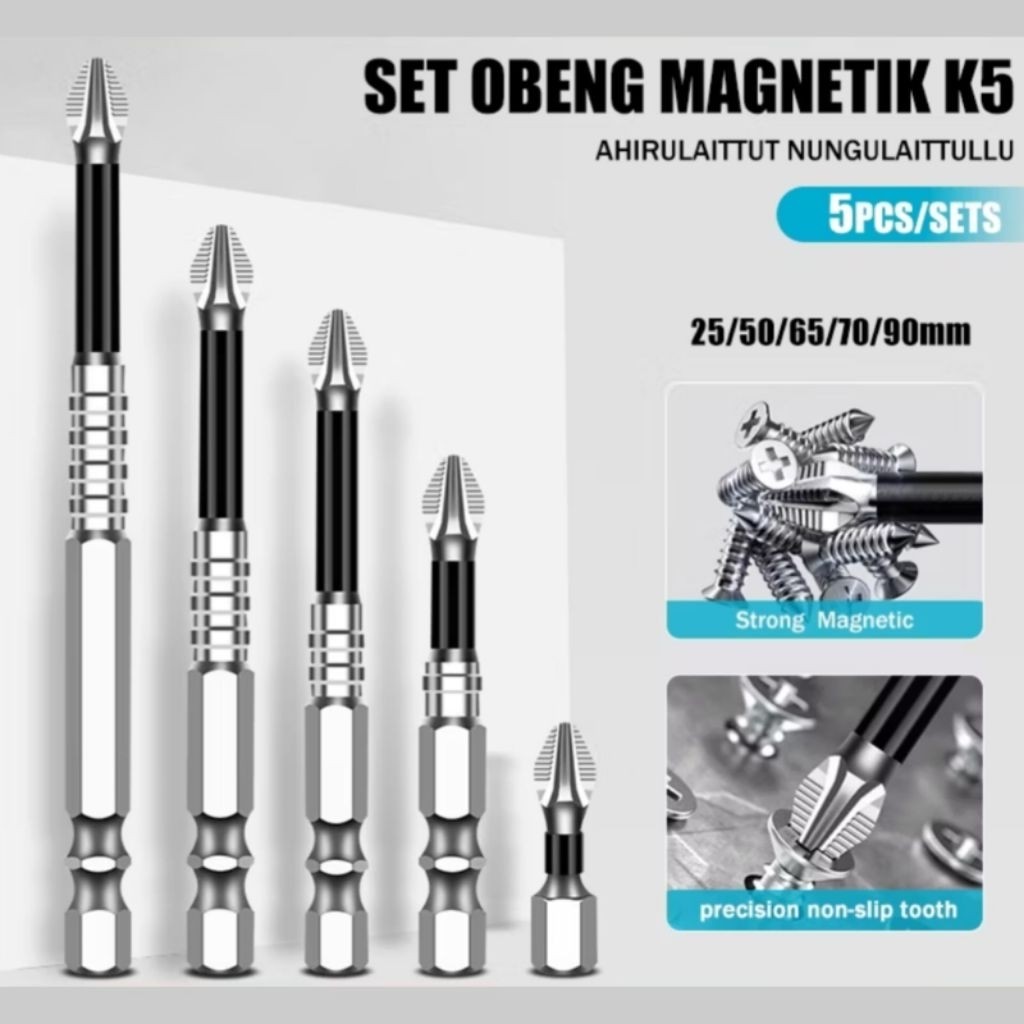 1 Set 5 Pcs Obeng Mata Bor Magnet Kuat Anti Slip Bor Tangan Baja Wolfram Obeng Listrik Perkakas Set